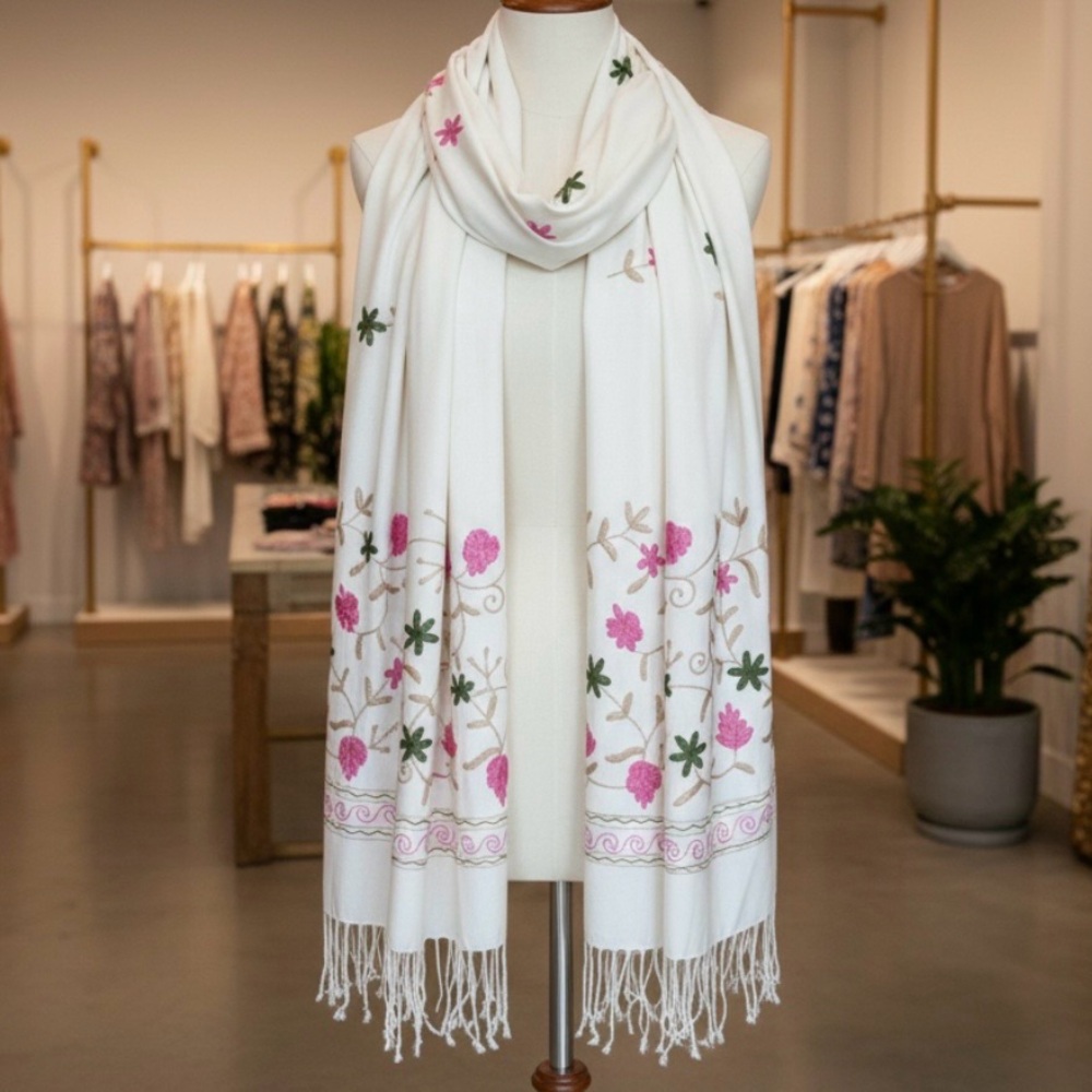 Handcrafted Kashmiri Aari Embroidery Shawl Cream Floral Crewel Viscose Wrap